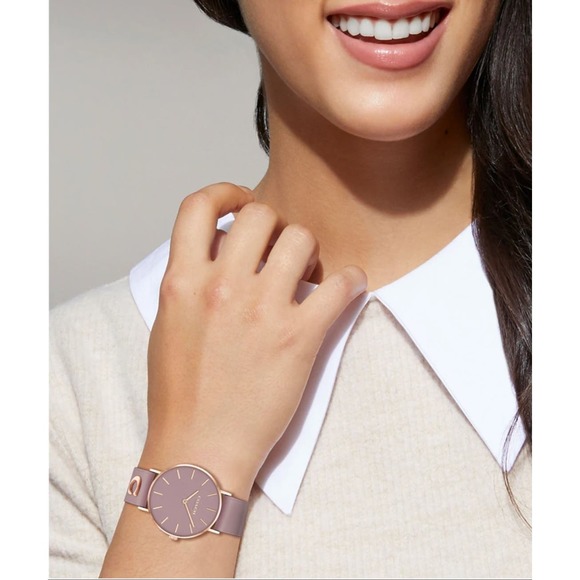 COACH PURPLE LEATHER STRAP WATCH 36MM "PERRY" ROSE GOLD PLATED STEEL - Picture 4 of 10